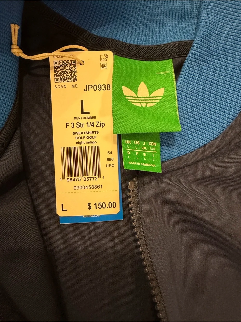 Adidas Originals Men's Night Indigo Blue 3-Stripes 1/4 Zip Golf Sweatshirt L NWT